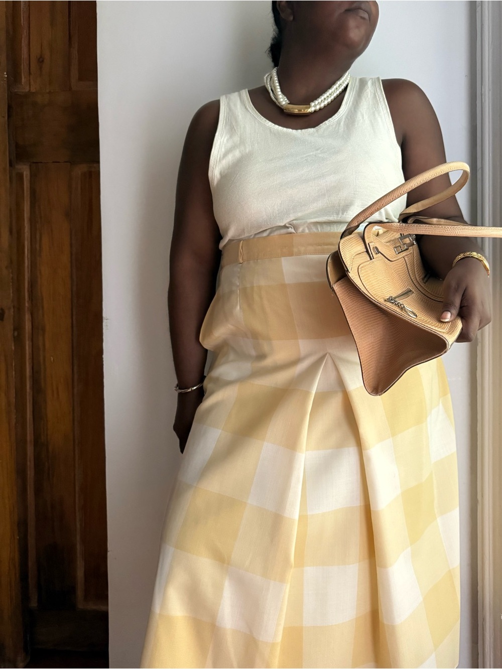 Vintage European Yellow Windowpane Plaid Culotte Skirt Heritage Linen Blend MIDI